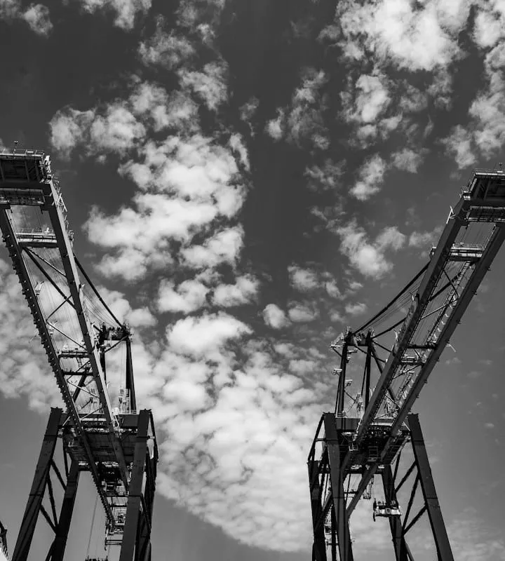 Two gantry cranes standing against a heavy sky