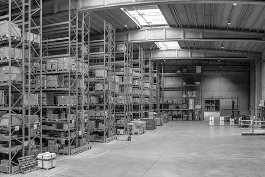 Tall steel racking in a distribution warehouse